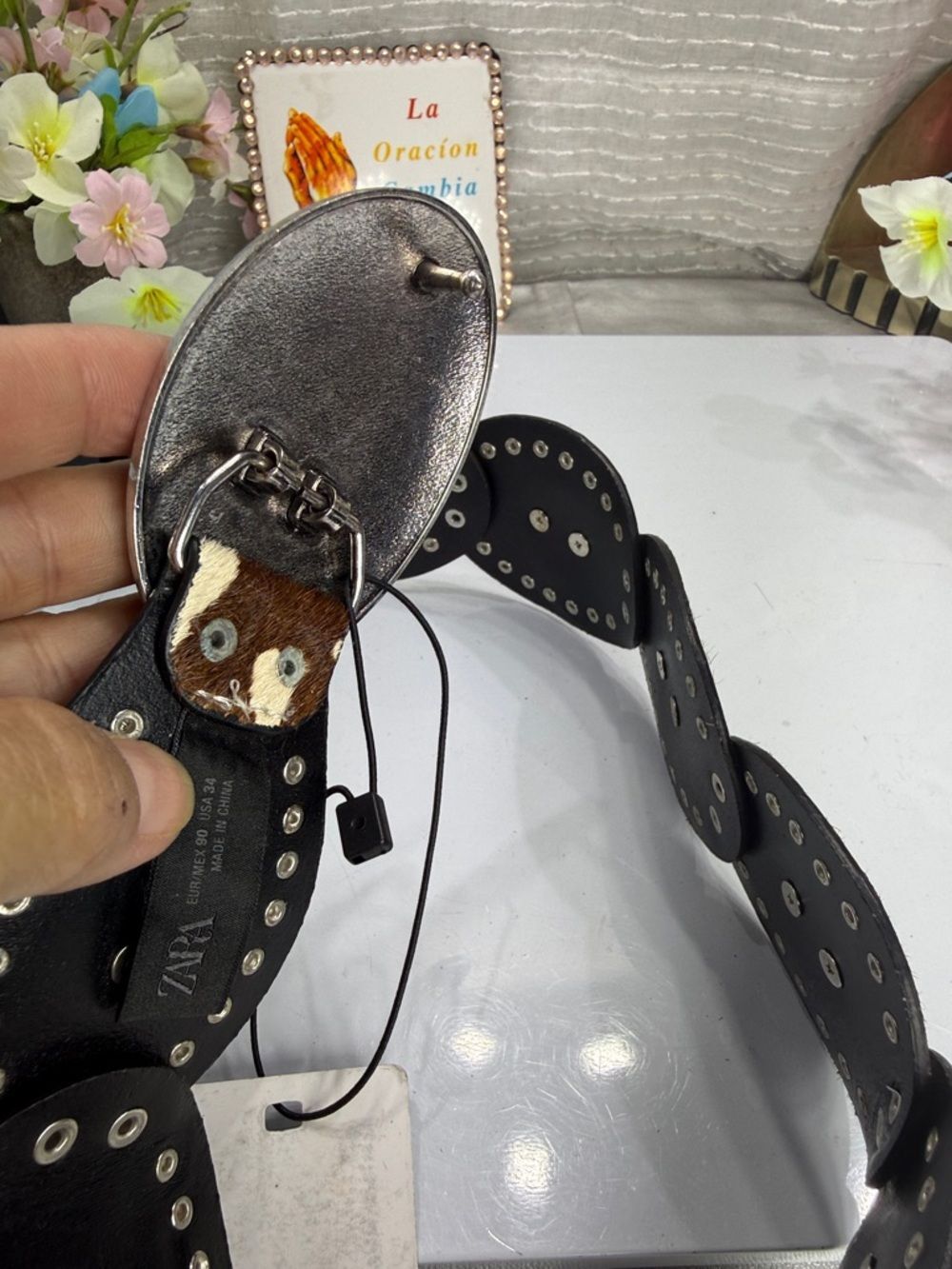 (H) Zara cow-print leather belt, size 32(1)-34(1) (shell style) New without tags - Picture 6 of 13